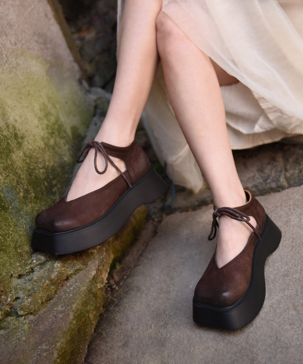 Design Original Plattform Kaffee Leder Rindsleder Spitze Schuhe Up