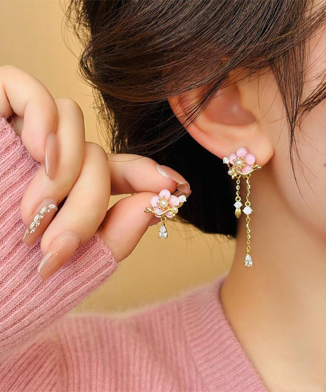 Original Design Gold Copper Alloy Zircon Pearl Resin Asymmetrical Floral Drop Earrings WH053