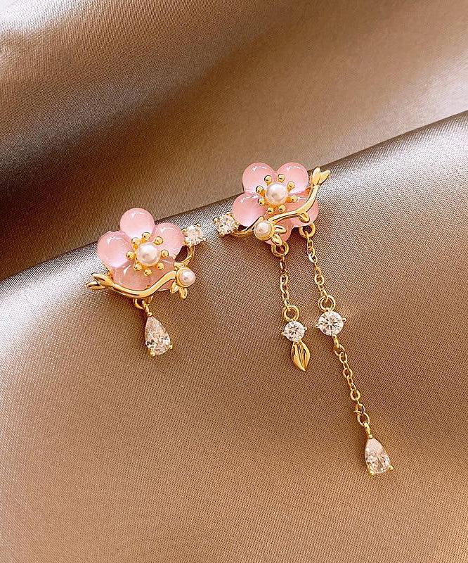 Original Design Gold Copper Alloy Zircon Pearl Resin Asymmetrical Floral Drop Earrings WH053