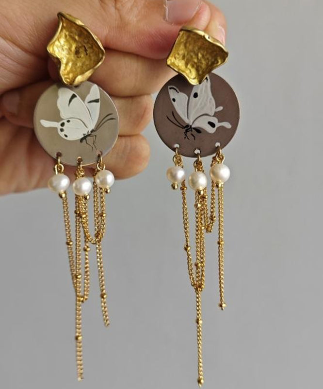 Original Design Gold Sterling Silver Overgild Pearl Butterfly Tassel Drop Earrings QJ016