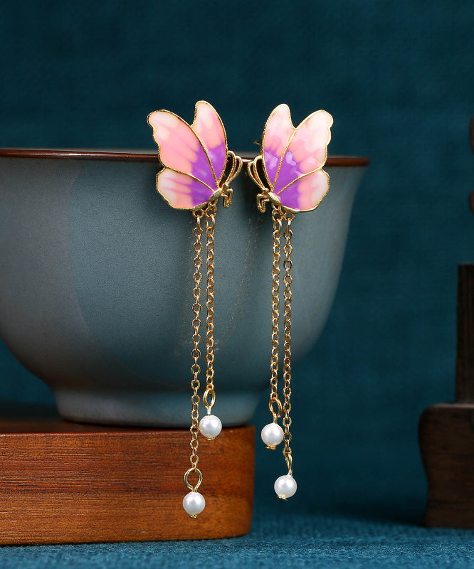 Boucles d'oreilles à pampilles papillon en perles dorées anciennes de couleur dégradée originales GH1082