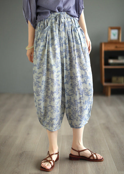 Original Design Green Pockets Print Linen Crop Pants Summer BV058