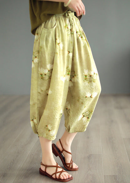 Original Design Green Pockets Print Linen Crop Pants Summer BV058