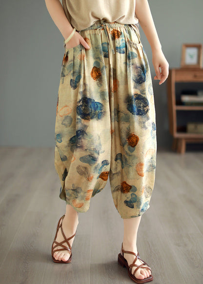 Original Design Green Pockets Print Linen Crop Pants Summer BV058