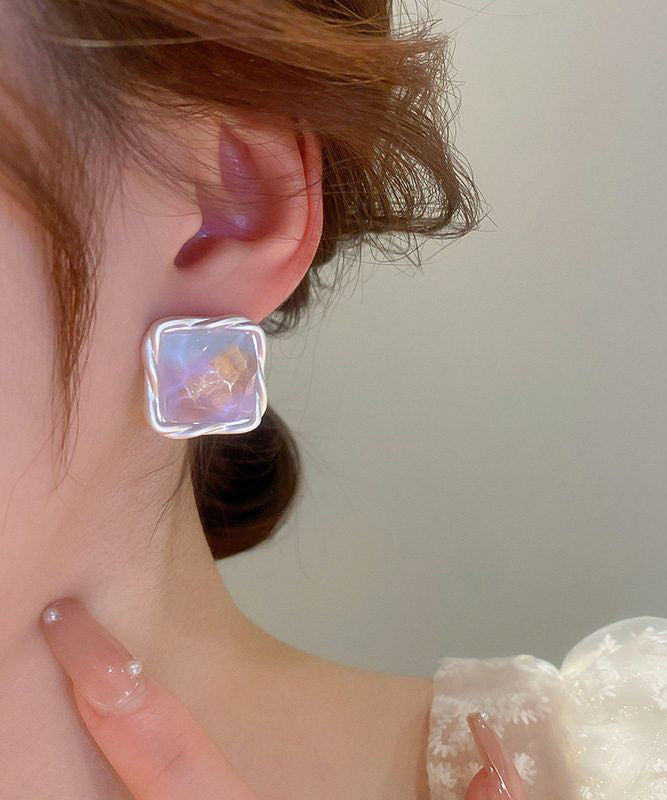 Square Design Original Wrinkled Earrings Alloy Stud Rainbow