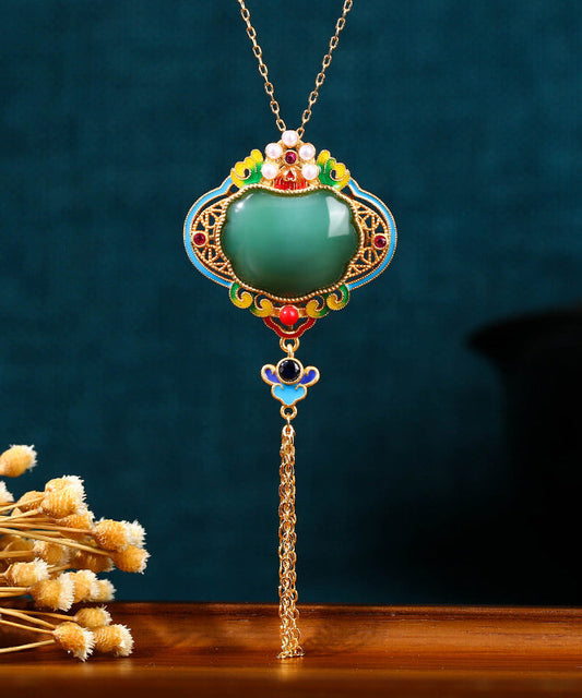 Original Design Rainbow Copper Overgild Jade Pearl Enamel Safety Lock Tassel Pendant Necklace KX1070