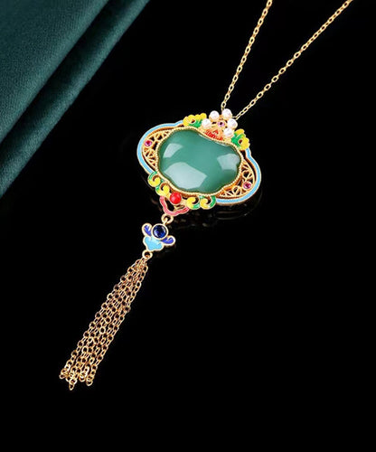 Original Design Rainbow Copper Overgild Jade Pearl Enamel Safety Lock Tassel Pendant Necklace KX1070