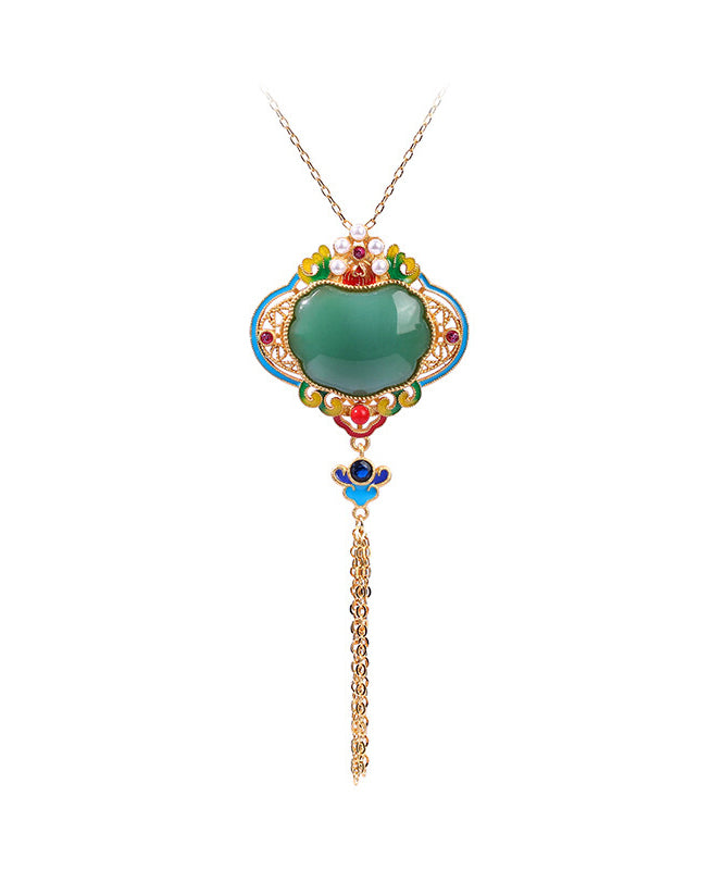 Original Design Rainbow Copper Overgild Jade Pearl Enamel Safety Lock Tassel Pendant Necklace KX1070