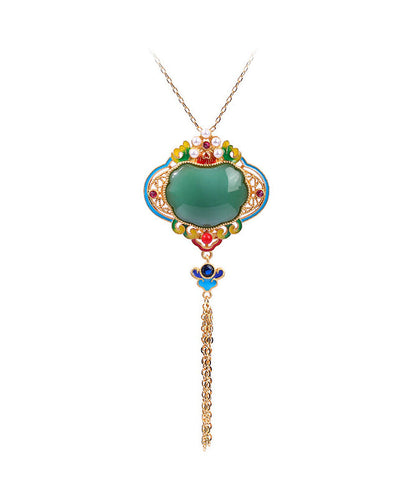 Original Design Rainbow Copper Overgild Jade Pearl Enamel Safety Lock Tassel Pendant Necklace KX1070