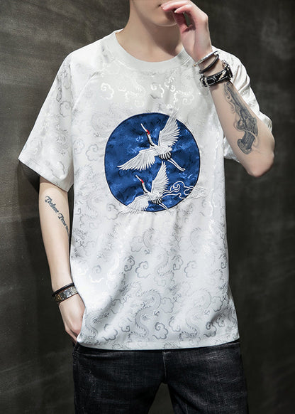 Original Design Silvery O-Neck Embroideried Ice Silk Mens T Shirts Summer HG001