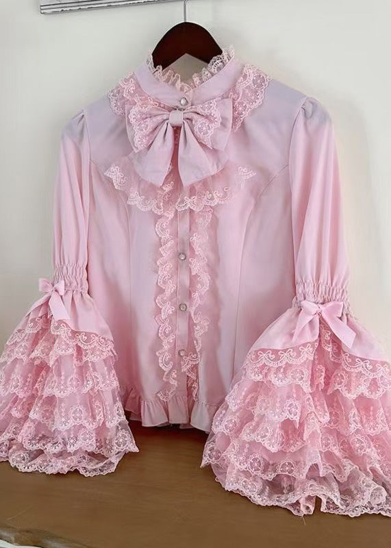 Pink Shirt Design Sleeve Lace Sweet Original Flare Patchwork