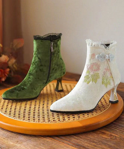 Original Ethnic Style Green Embroidered High Heeled Short Boots CZ1025