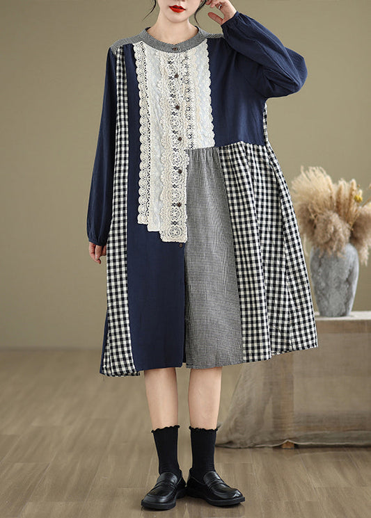 Robes originales à col rond et à carreaux, patchwork, longues et en dentelle