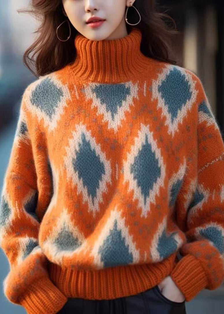 Original Orange Turtleneck Plaid Thick Knit Sweaters Winter WK013