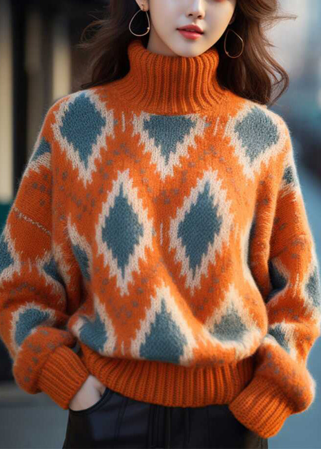 Original Orange Turtleneck Plaid Thick Knit Sweaters Winter WK013