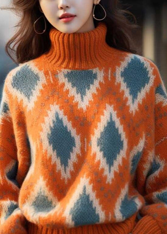 Original Orange Turtleneck Plaid Thick Knit Sweaters Winter WK013