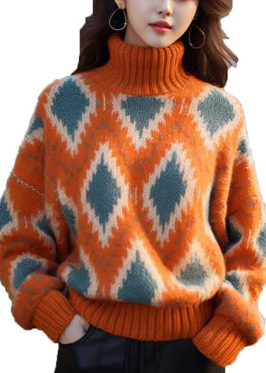 Original Orange Turtleneck Plaid Thick Knit Sweaters Winter WK013