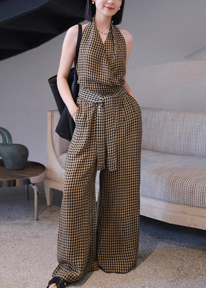 Original Plaid Tank Top And High Waist Wide Leg Pants Two Pieces Summer EE1007