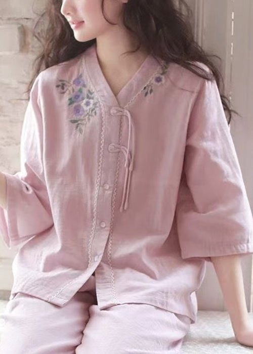 Two Embroidered Original Set Button Purple Pajamas Cotton Piece