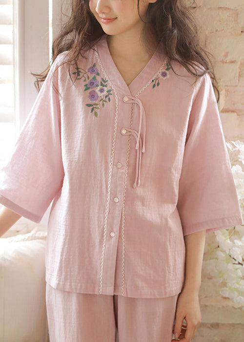 Two Embroidered Original Set Button Purple Pajamas Cotton Piece