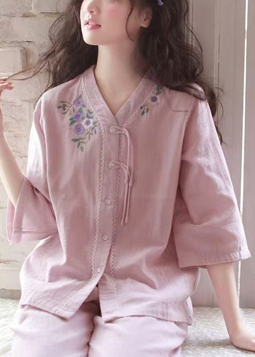 Two Embroidered Original Set Button Purple Pajamas Cotton Piece