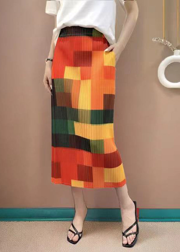 Original Rainbow Plaid Printed Pleated High Waist Skirt Summer QQ1020