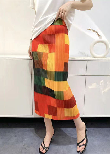 Original Rainbow Plaid Printed Pleated High Waist Skirt Summer QQ1020