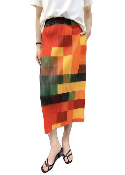 Original Rainbow Plaid Printed Pleated High Waist Skirt Summer QQ1020