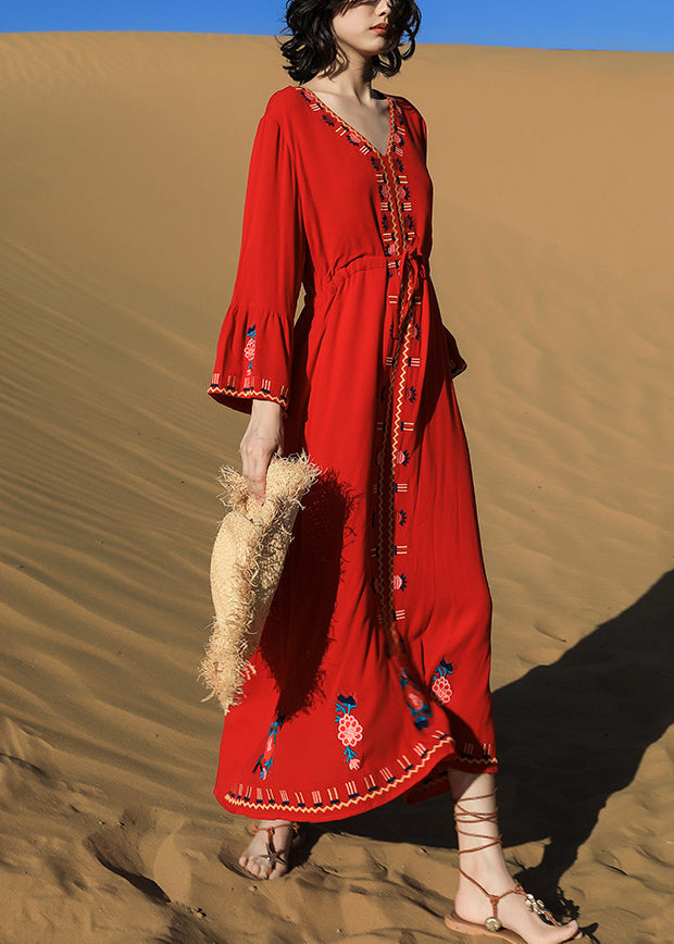 Robes longues taille brodées cravate rouge coton automne original
