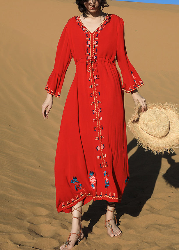 Robes longues taille brodées cravate rouge coton automne original