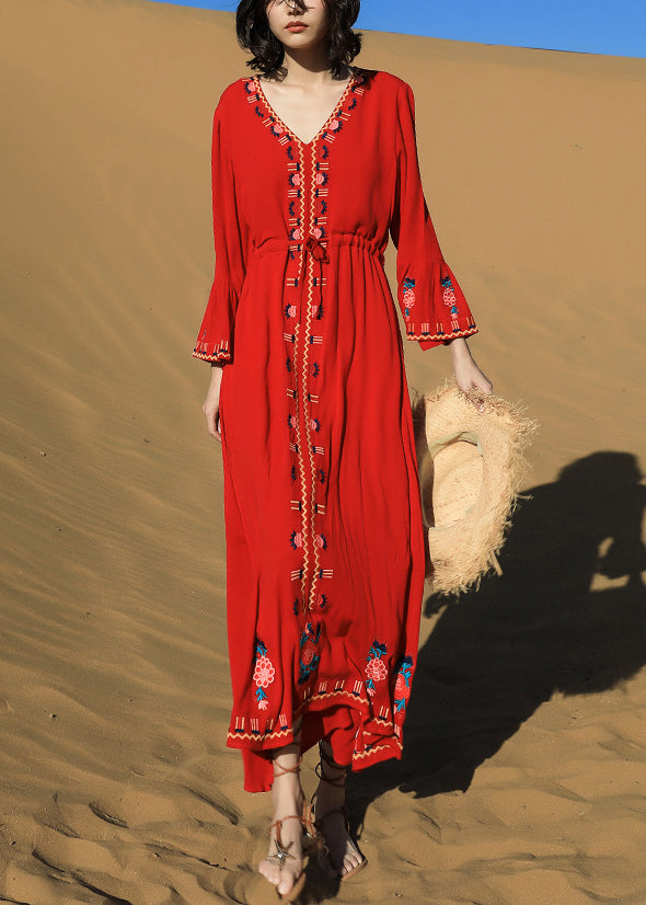 Robes longues taille brodées cravate rouge coton automne original