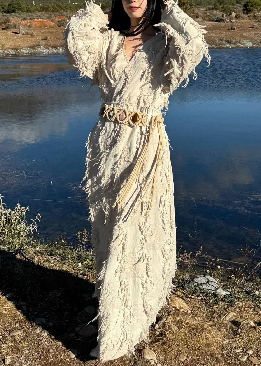 Original Neck Cardigan Lace Up Cotton Long V Tasseled Fall