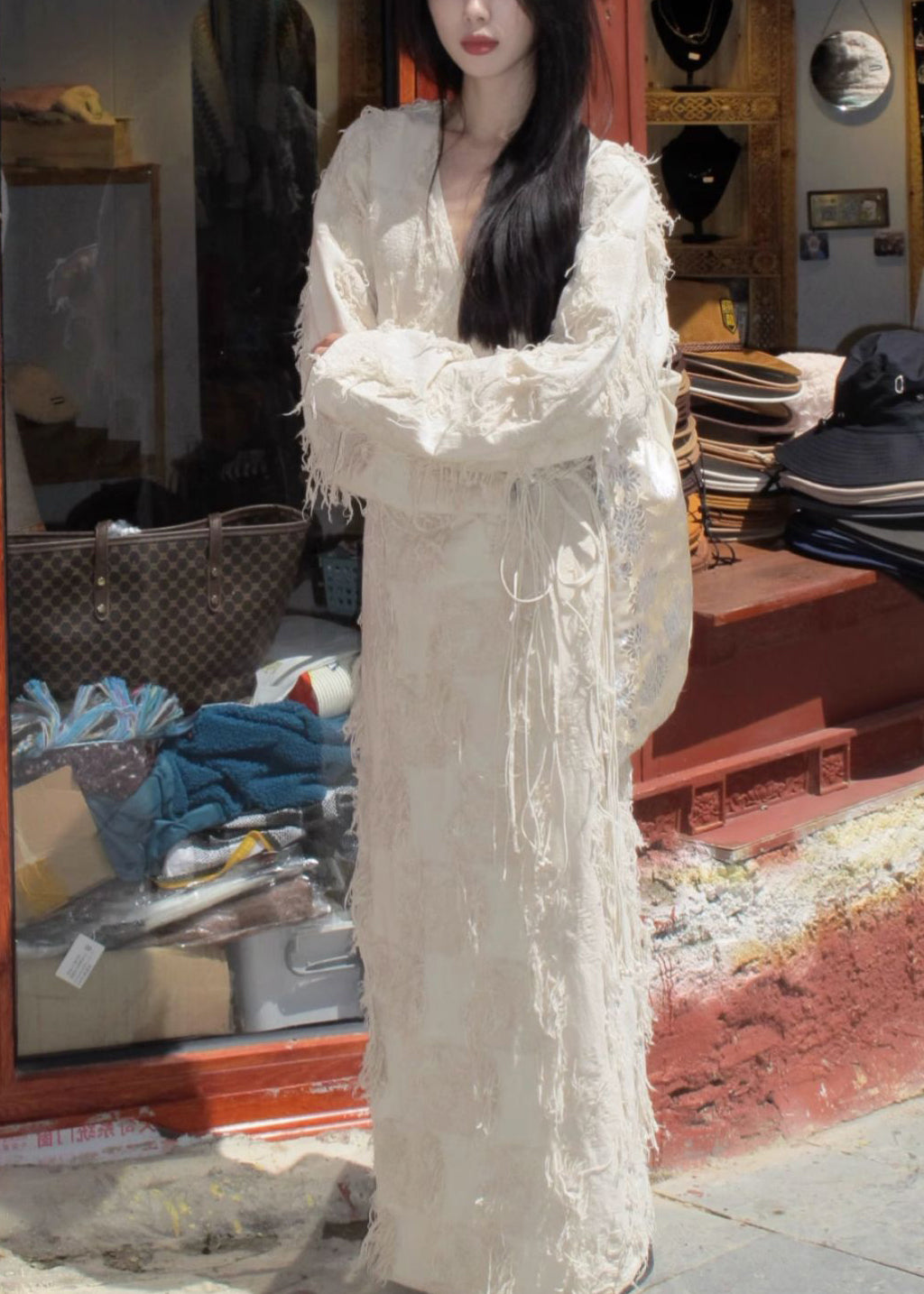 Original Neck Cardigan Lace Up Cotton Long V Tasseled Fall