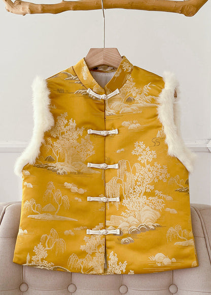 Original Yellow Button Fluffy Silk Sleeveless Waistcoat Stand Collar QO077