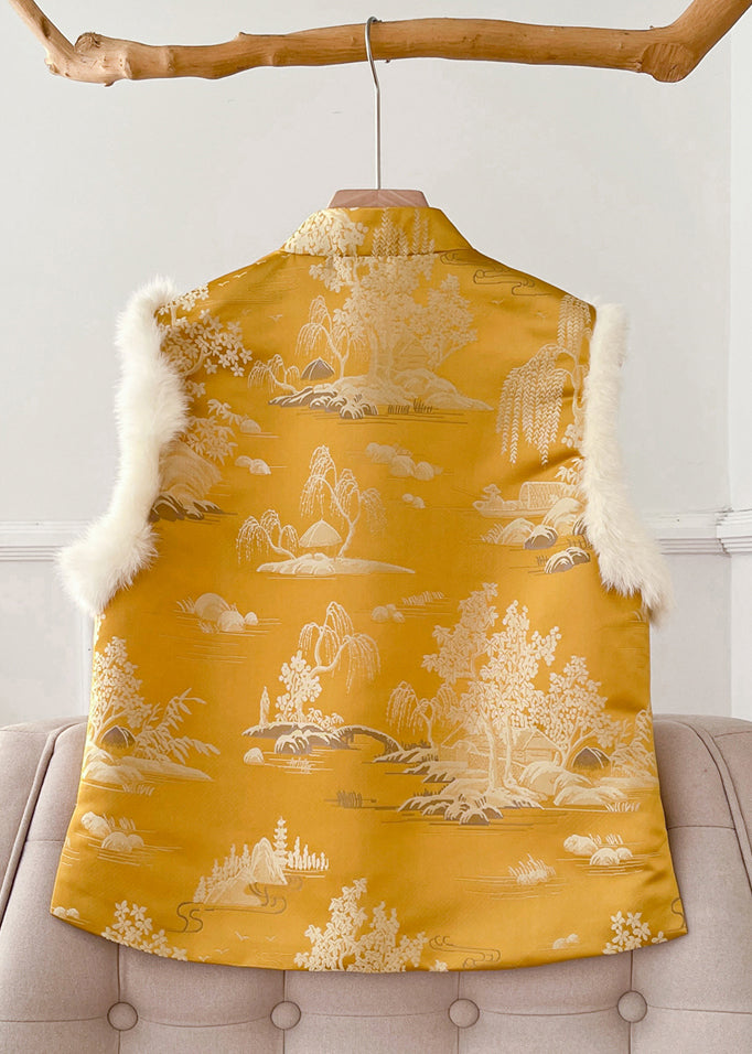 Original Yellow Button Fluffy Silk Sleeveless Waistcoat Stand Collar QO077