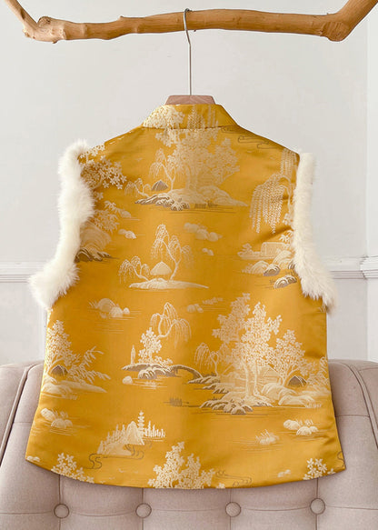 Original Yellow Button Fluffy Silk Sleeveless Waistcoat Stand Collar QO077