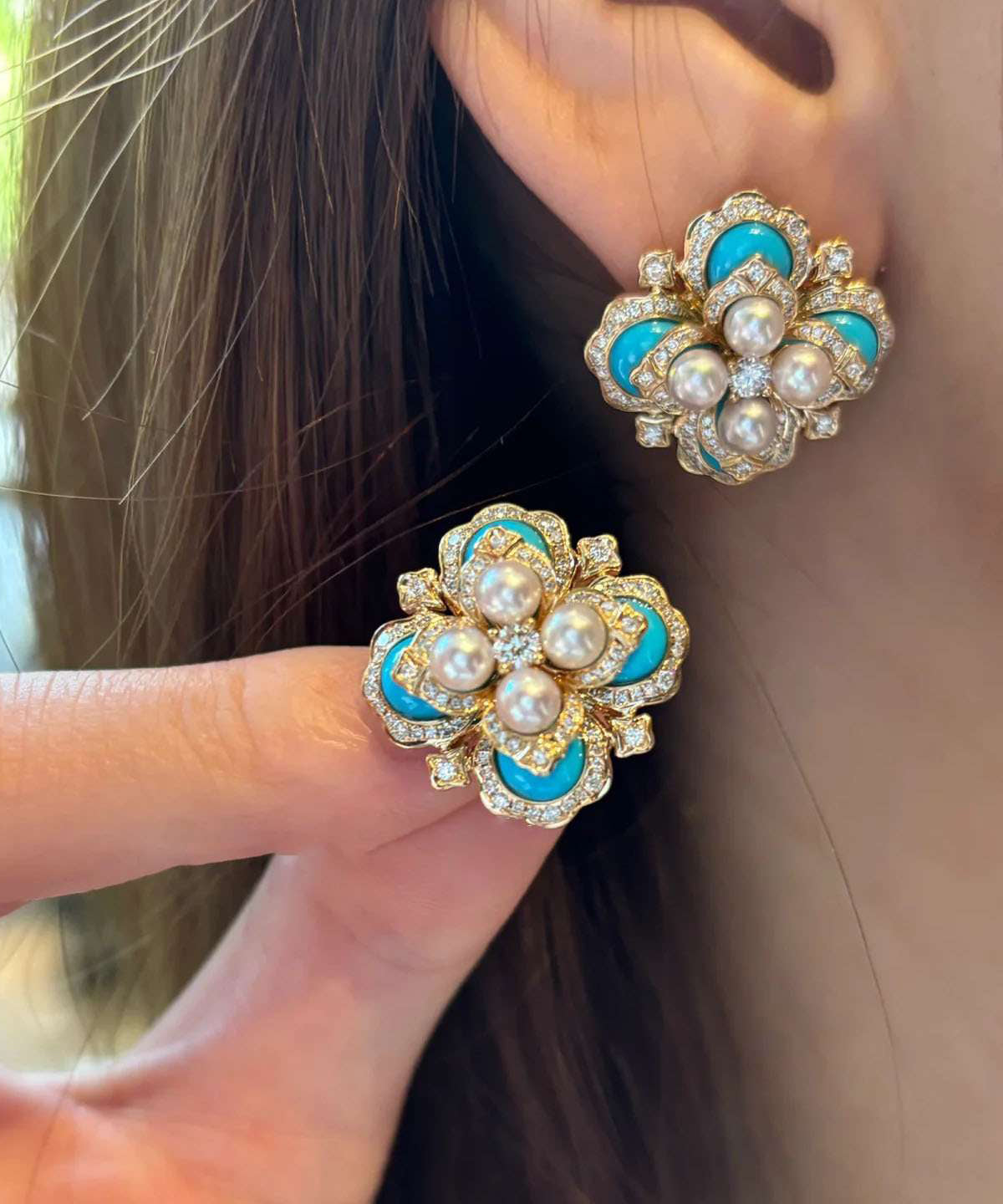 Boucles d'oreilles à tige surdimensionnées en alliage de couleur bloc avec perles et zircon turquoise QI055