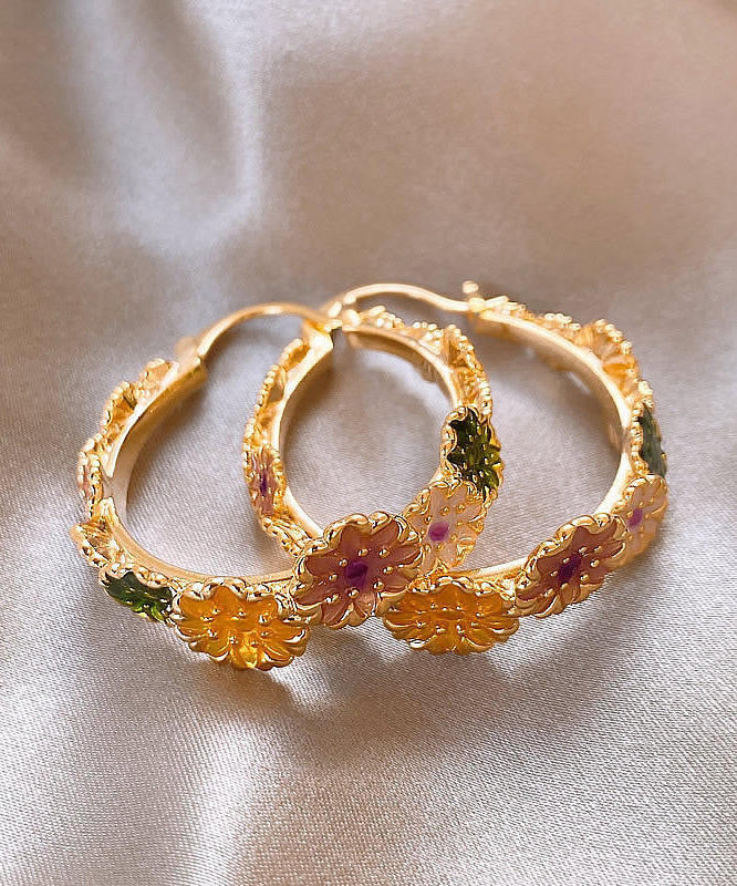 Oversize Gold Copper Alloy Floral Drip Glaze Hoop Earrings WZ003