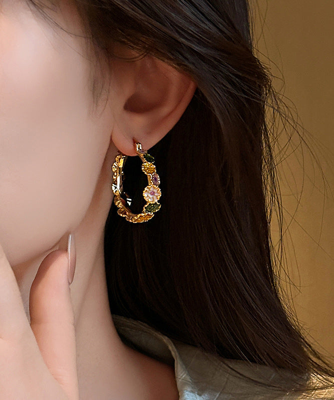 Oversize Gold Copper Alloy Floral Drip Glaze Hoop Earrings WZ003