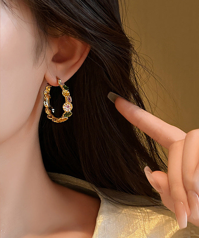 Oversize Gold Copper Alloy Floral Drip Glaze Hoop Earrings WZ003