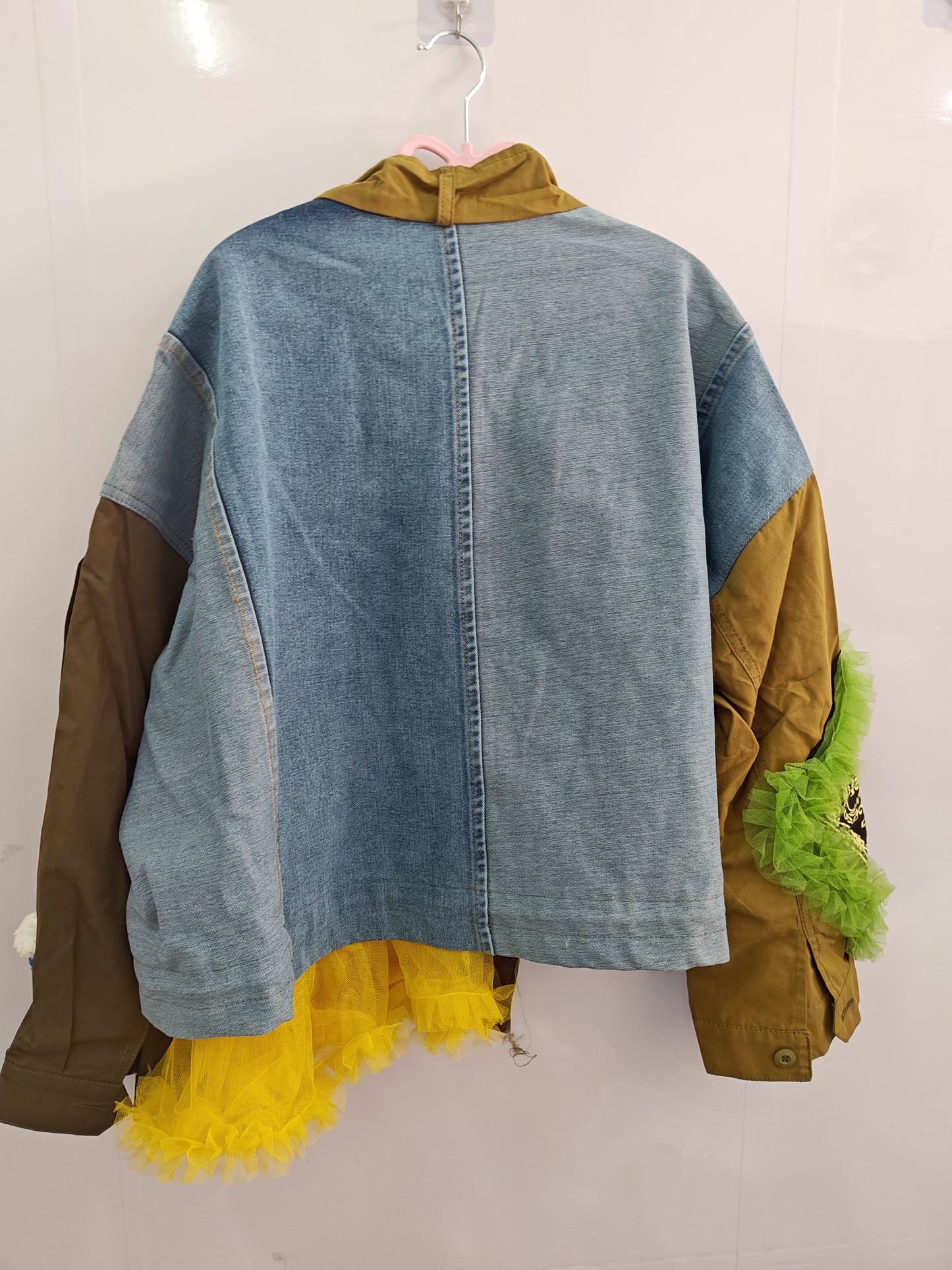 Modern Army Green Tulle Ruffled Sequins Patchwork Denim Jacket Spring F4214