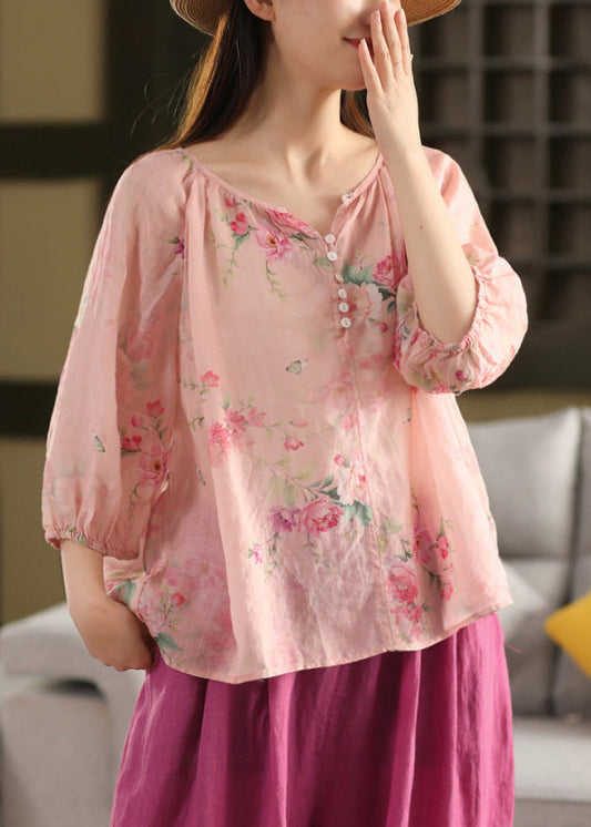Print Button Pink V Sommer Ausschnitt Bluse Leinen Top