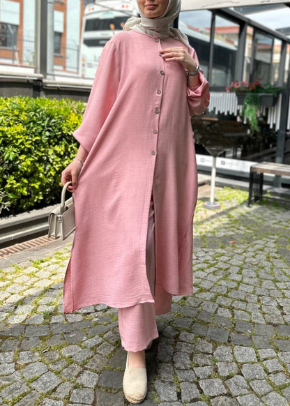 Pink Button Side Open Cotton Two Piece Set O Neck Spring AA1014