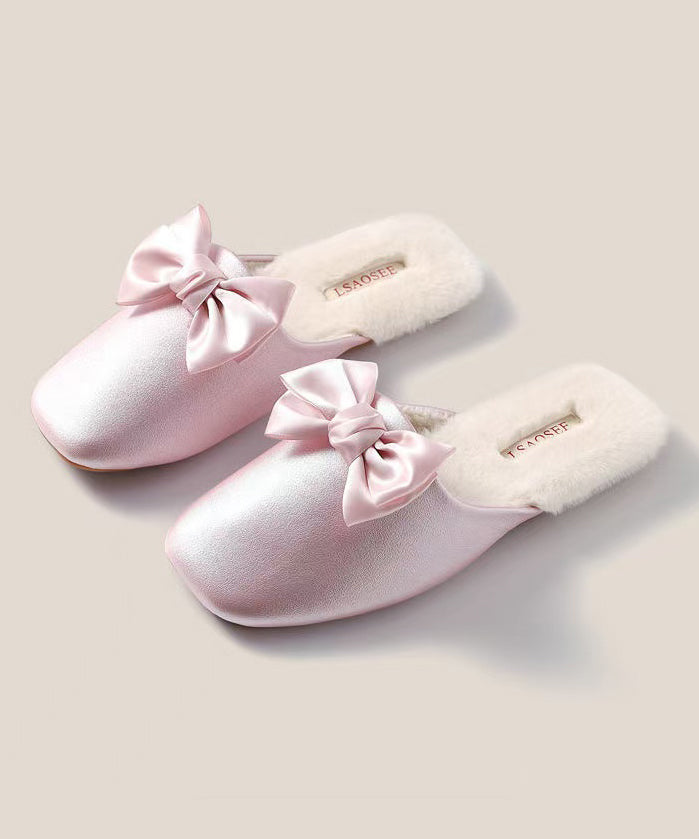 Pink Comfy Faux Leather Slippers Shoes Splicing Bow RX020