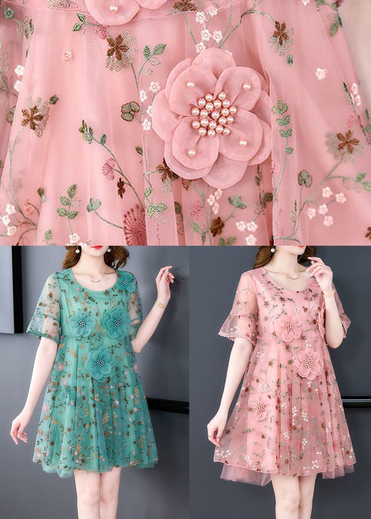 Robe mi-longue en tulle brodé rose à col rond et manches courtes OP1079