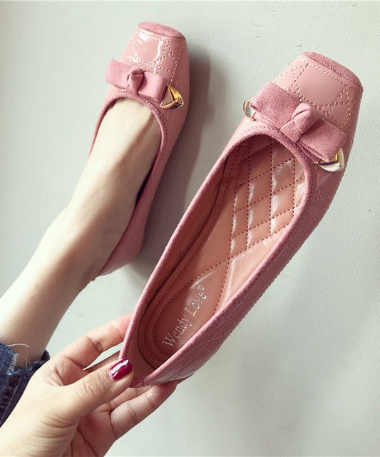 Chaussures plates en cuir rose pour femmes, bout carré et faux nœud