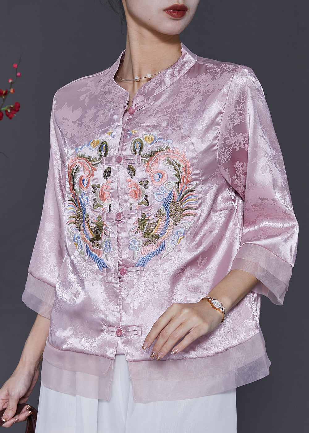 Pink Jacquard Silk Chinese Style Shirt Top Embroidered Spring SD1078