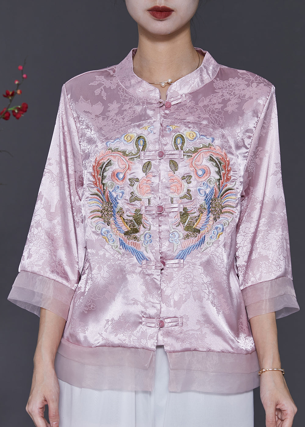 Pink Jacquard Silk Chinese Style Shirt Top Embroidered Spring SD1078