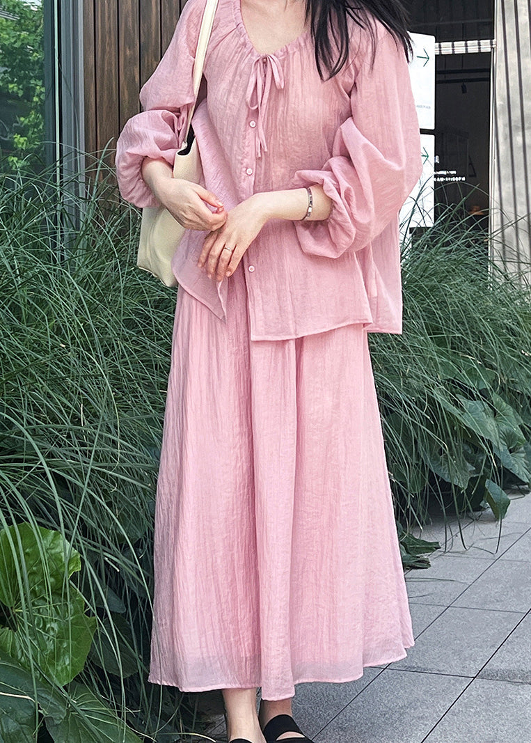 Lace Silk Two Up Wrinkled Shirt Pieces Skirts Set Pink Fall And