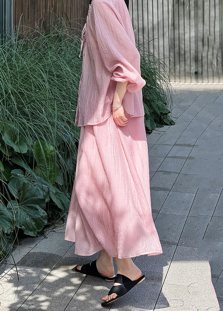 Lace Silk Two Up Wrinkled Shirt Pieces Skirts Set Pink Fall And